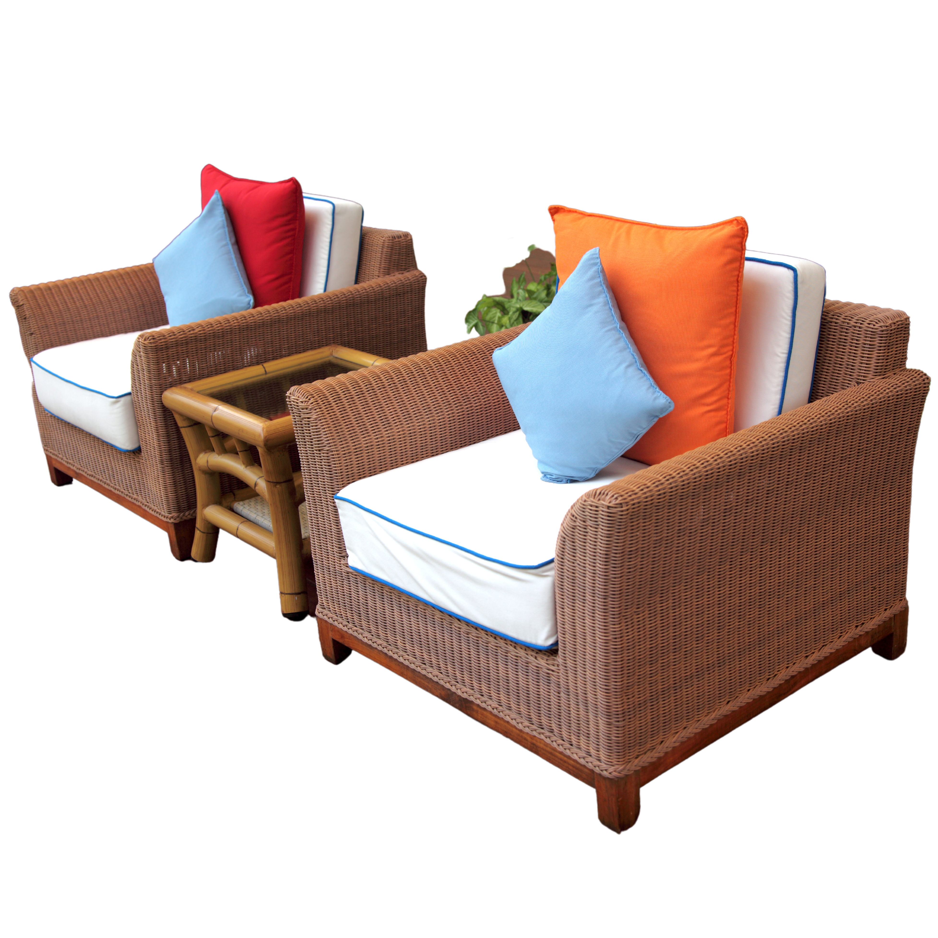 Two outdoor furniture chairs orange and blue pillows