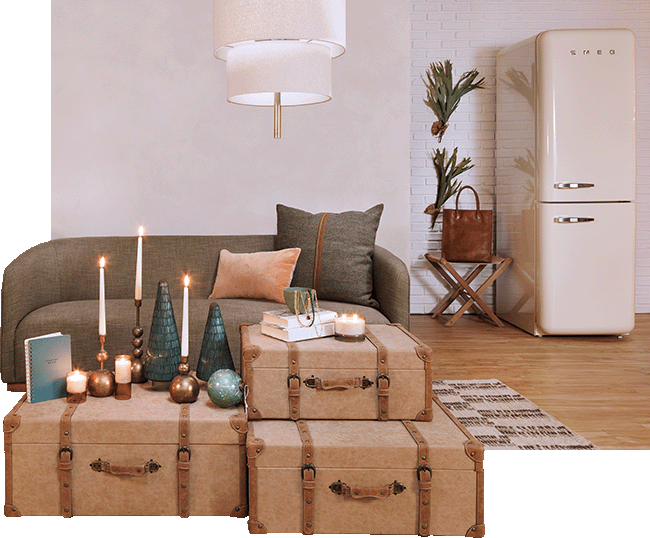 Taupe Couch with Decorative Boxes