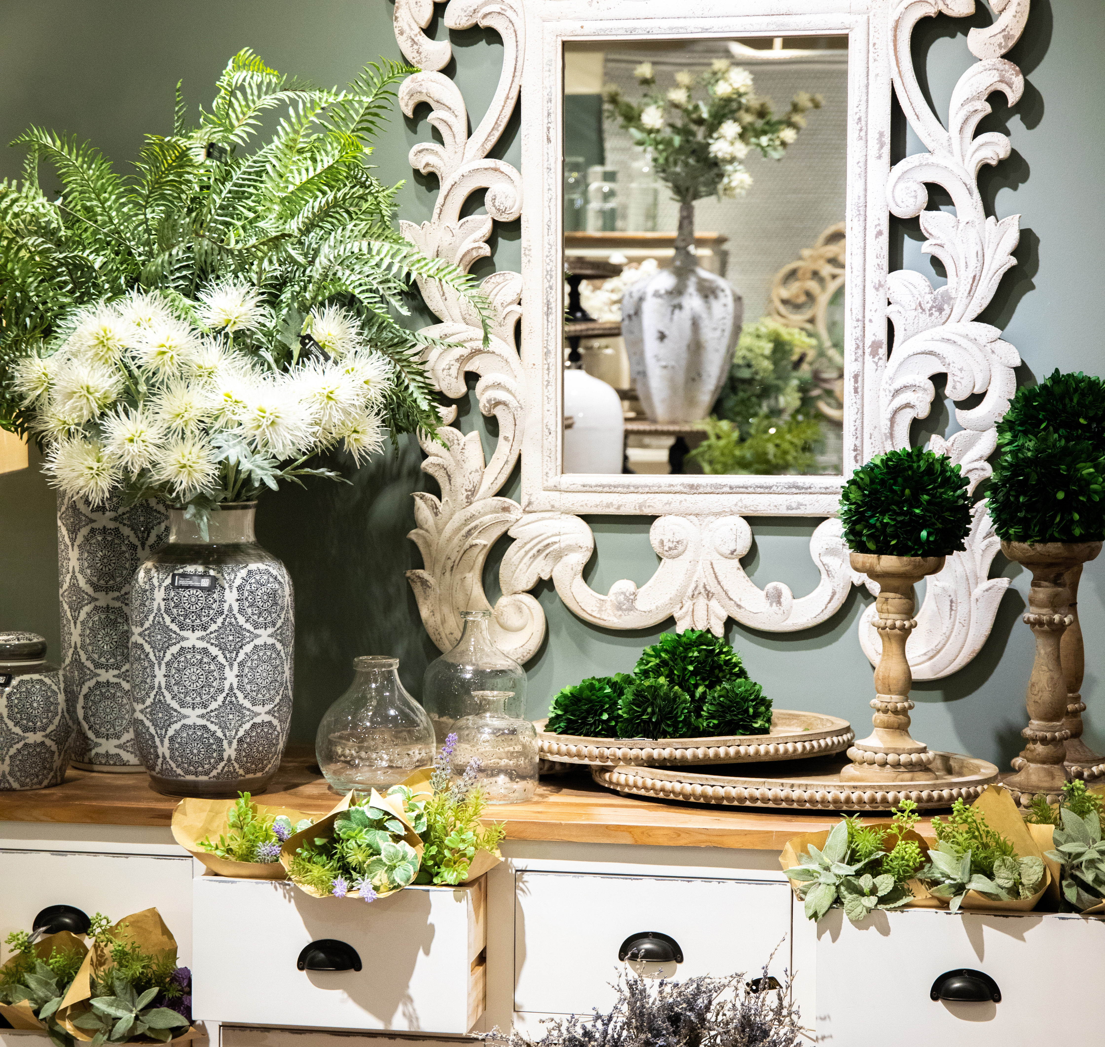 Mirror with green wall, Gifts, Décor and More